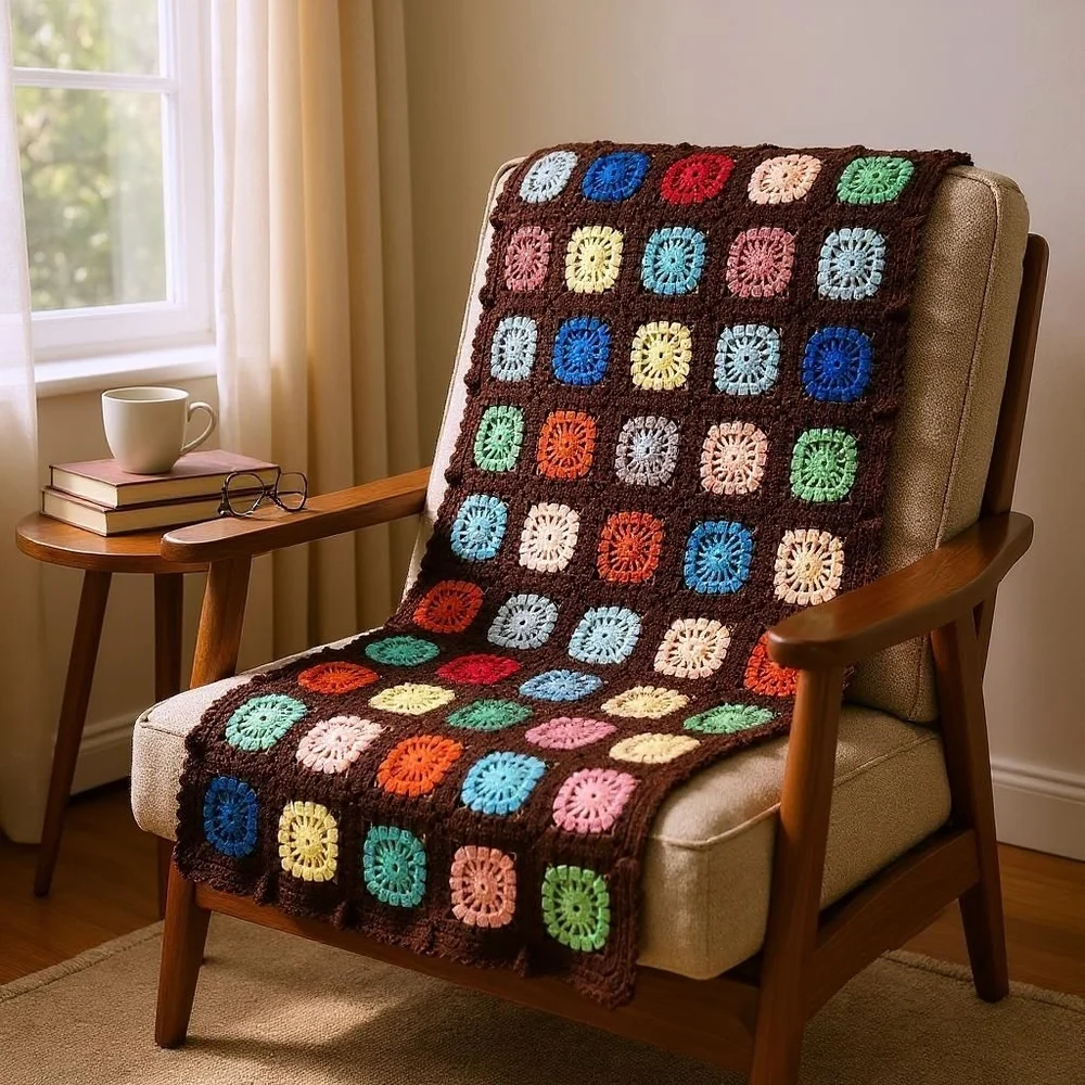 Granny Square Afghan Homemade Crochet Blanket Roseanne Style 36